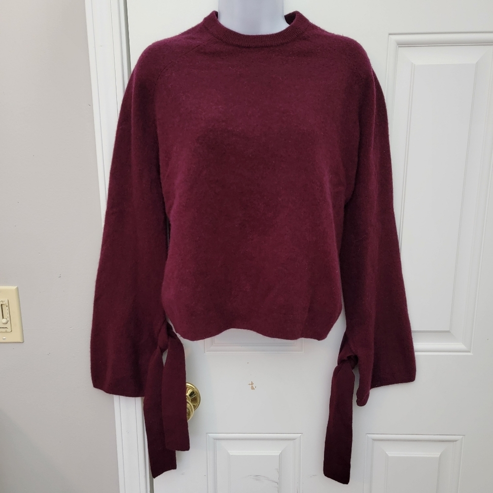 Brown Allan Women's Size Small Burgundy Merino Wool Yak Tie Sleeve Knit Sweater